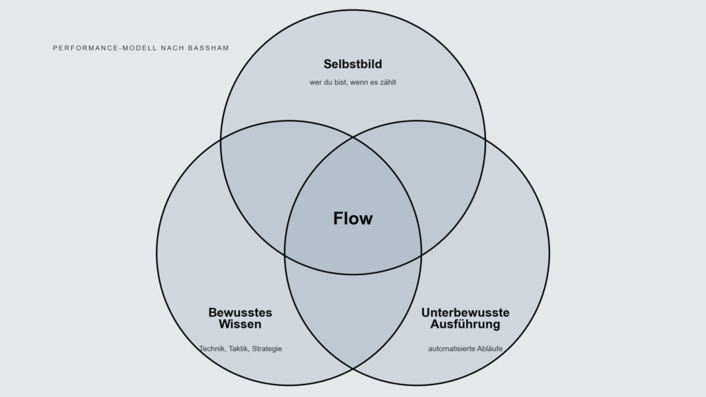 Drei sich überschneidende Kreise für Selbstbild, bewusstes Wissen und unterbewusste Ausführung, in der Mitte Flow