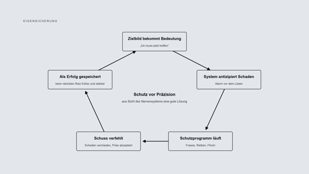 Kreislauf aus fünf Stationen, das Zielbild bekommt Bedeutung, das System antizipiert Schaden, das Schutzprogramm läuft, der Schuss verfehlt, und das Nervensystem speichert das als Erfolg